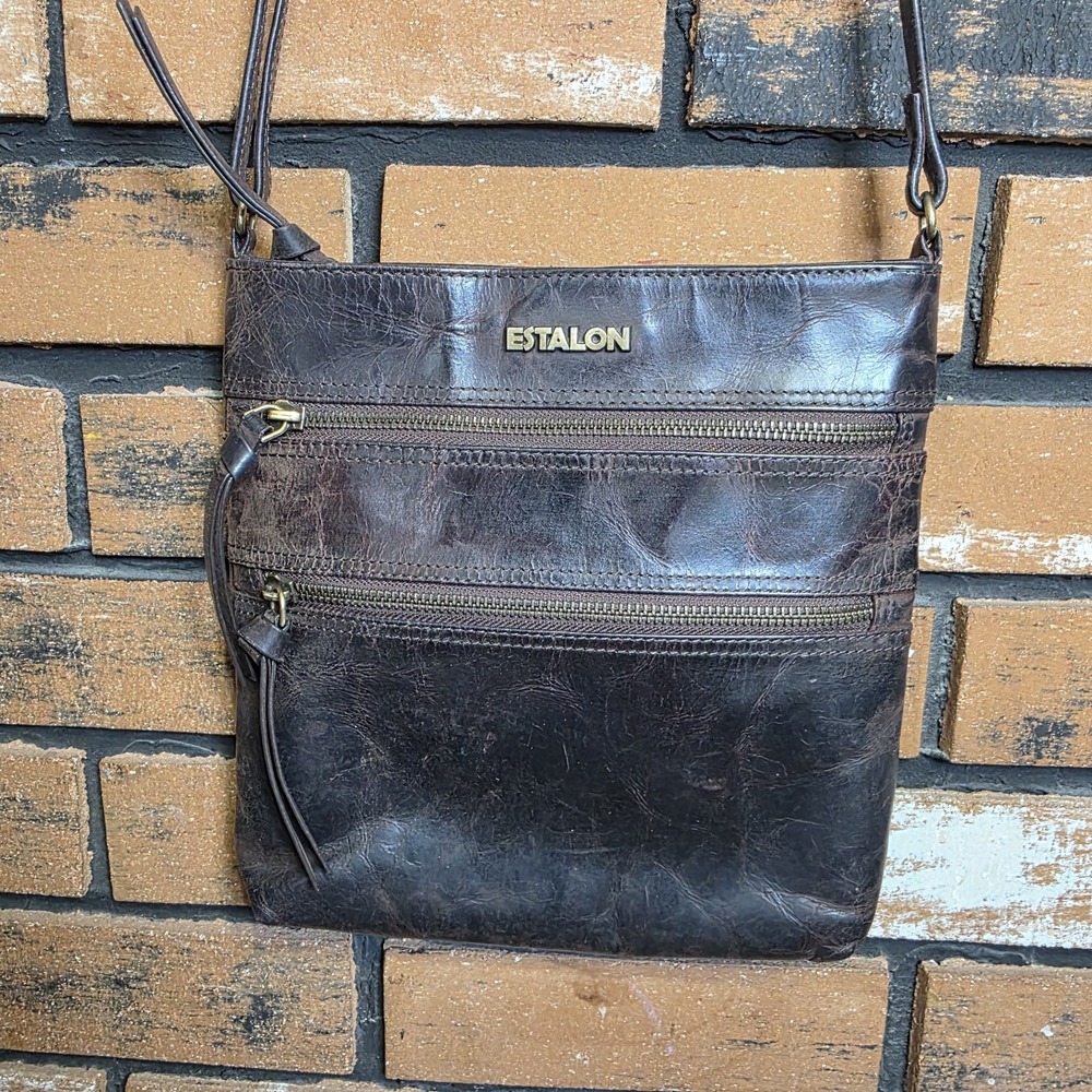 ESTALON 100% Genuine Leather Crossbody Bag Purse Distressed‎ Dark Brown Boho